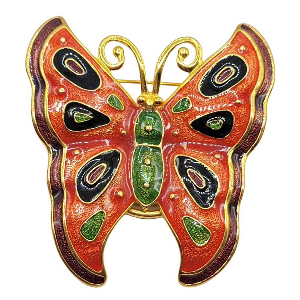 Bob Mackie Goldtone Orange Green Enamel Butterfly Brooch, Scarf Clip